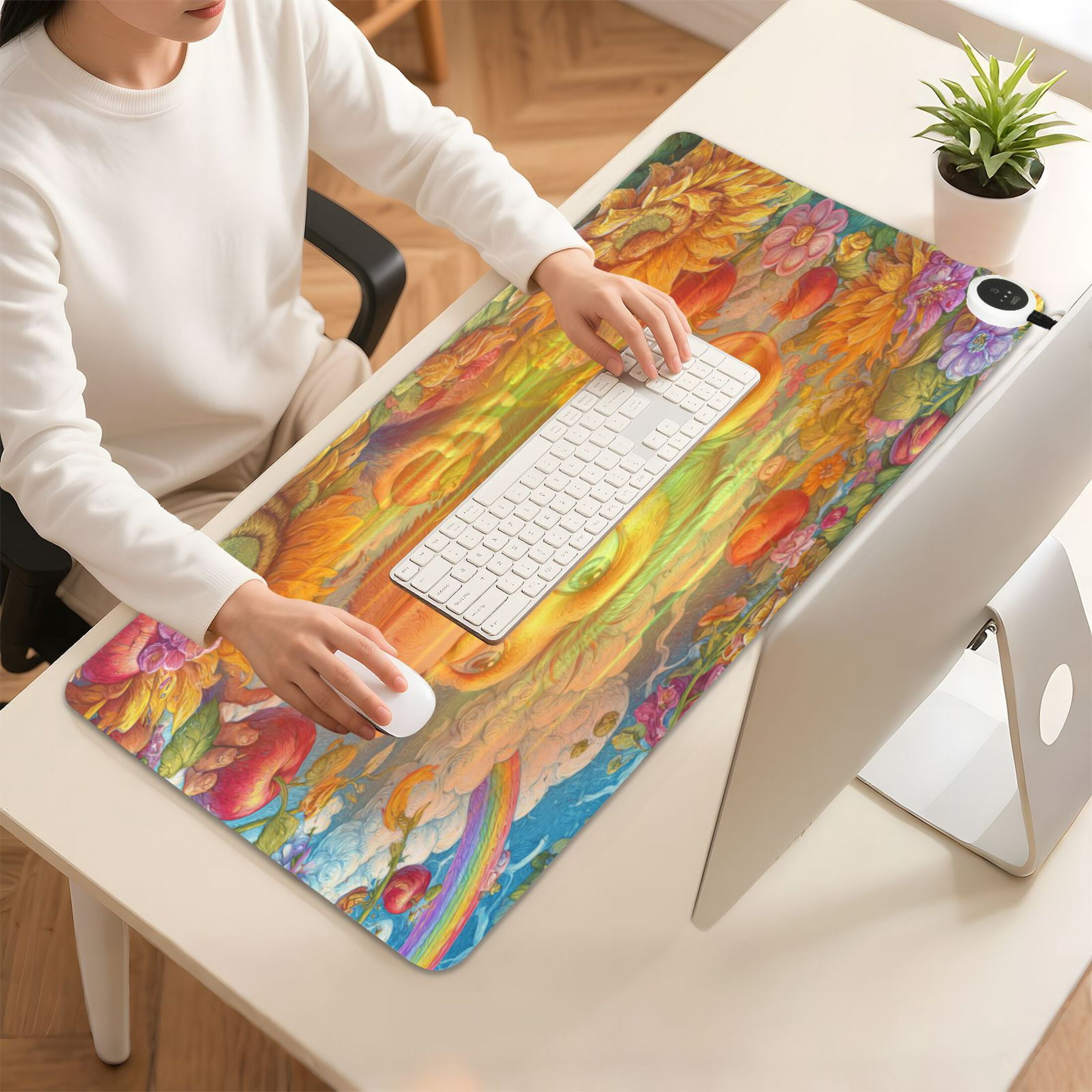 Large Heated Desk Mat Mouse Pad 31.5"x13"PU Leather Graphene Heating Desk Warmer with 3 Temperature Settings 110V US Plug Non-Slip Warm Pad for Home, Office, and Gaming Blue Monkey in The Garden
