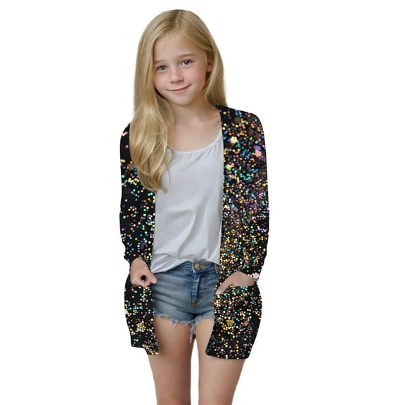 MKOSPLRT Cardigan Sweaters for Girl Boy 5-14Y Open Front Long Sleeve Saprkly Cardigans Funny Sequined Print Jacket with Pokcet