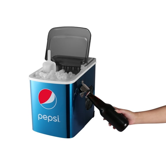 Pepsi 26 lbs. Ice Maker with Built-in Bottle Opener, Countertop Ice Machine with LED Display, Blue