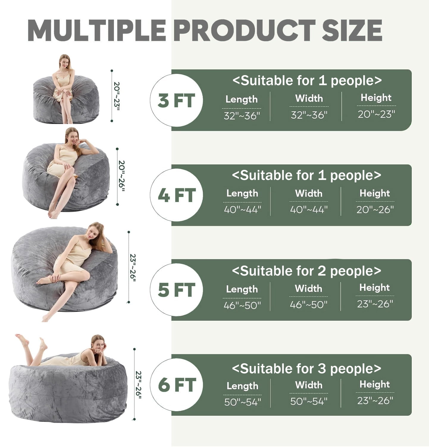 VIREO Bean Bag Chair - 4FT Bean Bag Chairs for Adults Memory Foam Filler Beanbag Chair with Ultra Soft Removable and Washable Flannel Cover, Beanbag Chairs for Living Room - Grey