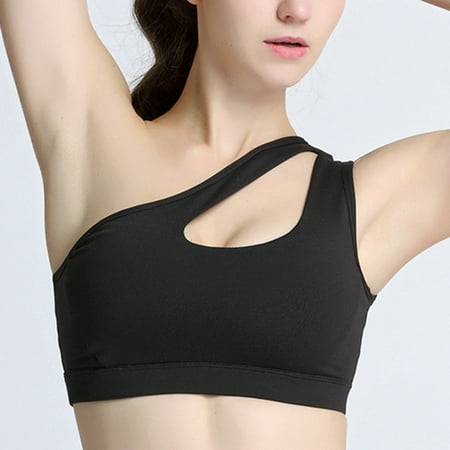 

No Steel Ring Sports One-Shoulder Bra Shockproof Running Sports Hollow Bra Medium Support Short Top(Black S)