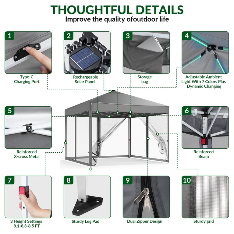 Vecukty 10x10ft Pop Up Canopy Tent with Removable Mesh Mosquito