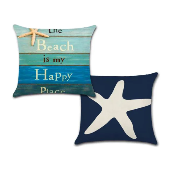 Set Of 2 Pillow Covers 18X18, Beach Is Happy Place And Starfish Designs 45X45Cm