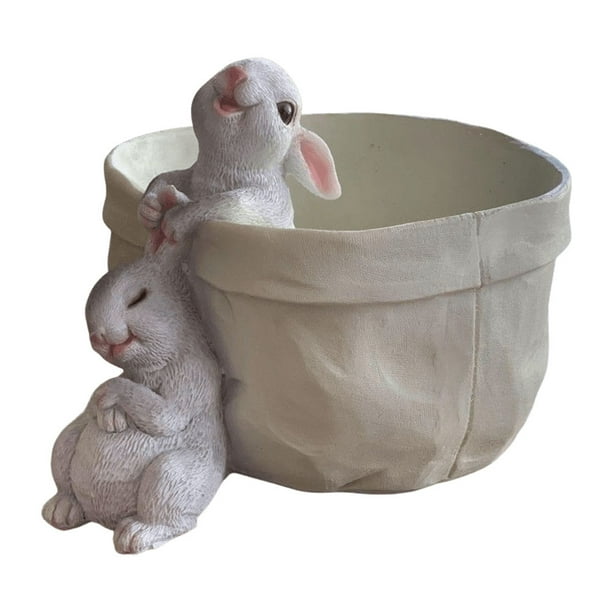Adorable macetero de conejito, maceta de resina, decoración de escritorio para el hogar (oreja de conejo)