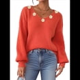 thumbnail image 2 of Suéter Holgado de Otoño con Cuello en V y Mangas Largas Tipo Farol para Mujer, Bordado de Flores. Naranja L, 2 of 10
