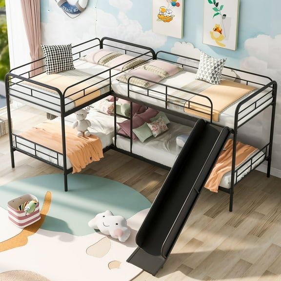 DreamBuck L-Shaped Bunk Bed for 4, Double Twin over Twin Bunk Bed with Slide and Ladder, Metal Corner Bunk Bed for 4 Teens, Black