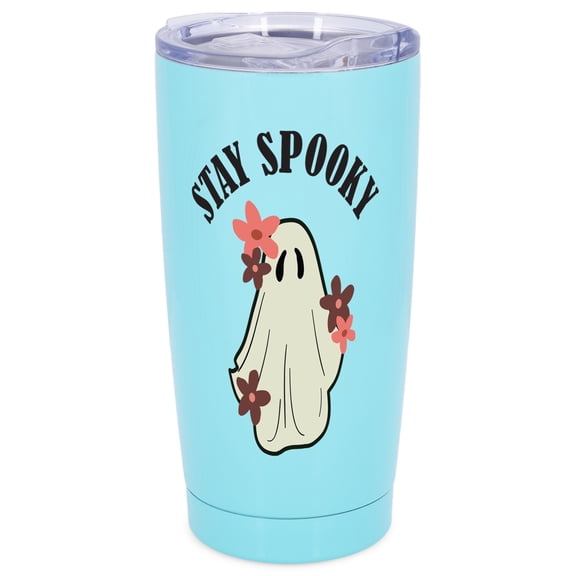 Elanze Designs Stay Spooky Flower Ghost Halloween Wrap-Around Design 20 Ounce Stainless Steel On-The-Go Coffee Mug, Thermal Travel Tumbler with Leak Resistant Slide Lid, Sky Blue