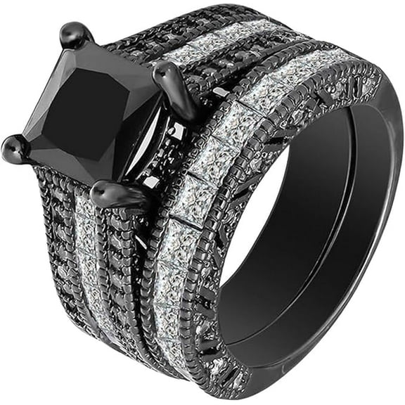 Gems Jewels 925 Sterling Silver 2.45 Ct Princess Cut Black Diamond Christmas Wedding Engagement Thanksgiving Bridal Ring Set For Women's 14K Black Gold Plated -4.5