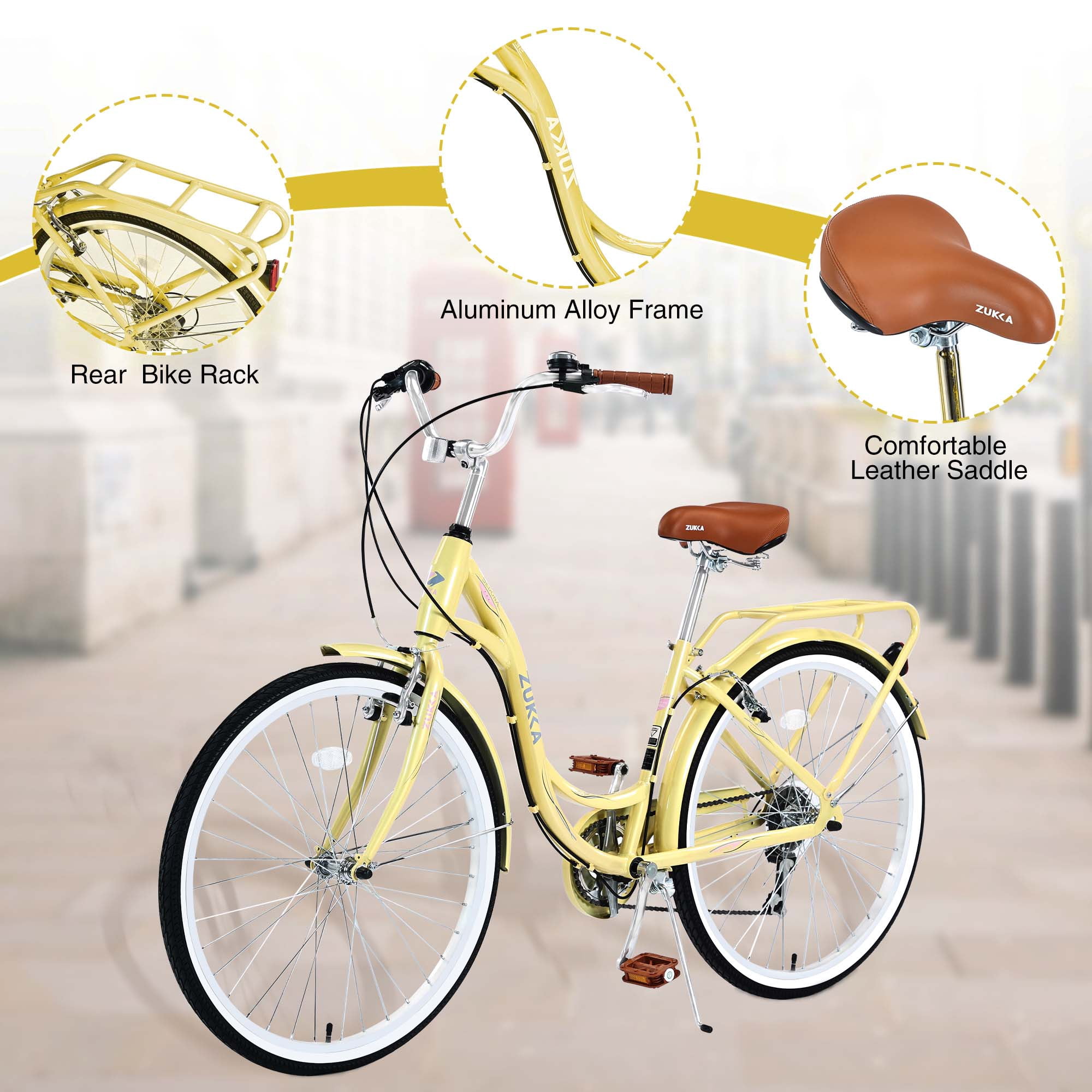 Aukfa 26" Cruiser Bike, 7 Speed Bicycle Hybrid Bikes for Women Girls Ladies, Yellow