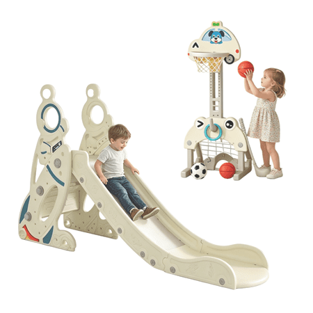 EaseBaby Toddler Slide,Kids Climbing Slide with 4-in-1 Basketball Hoop,Playground Set , Ages 5+ Months,Unsex, Gray White