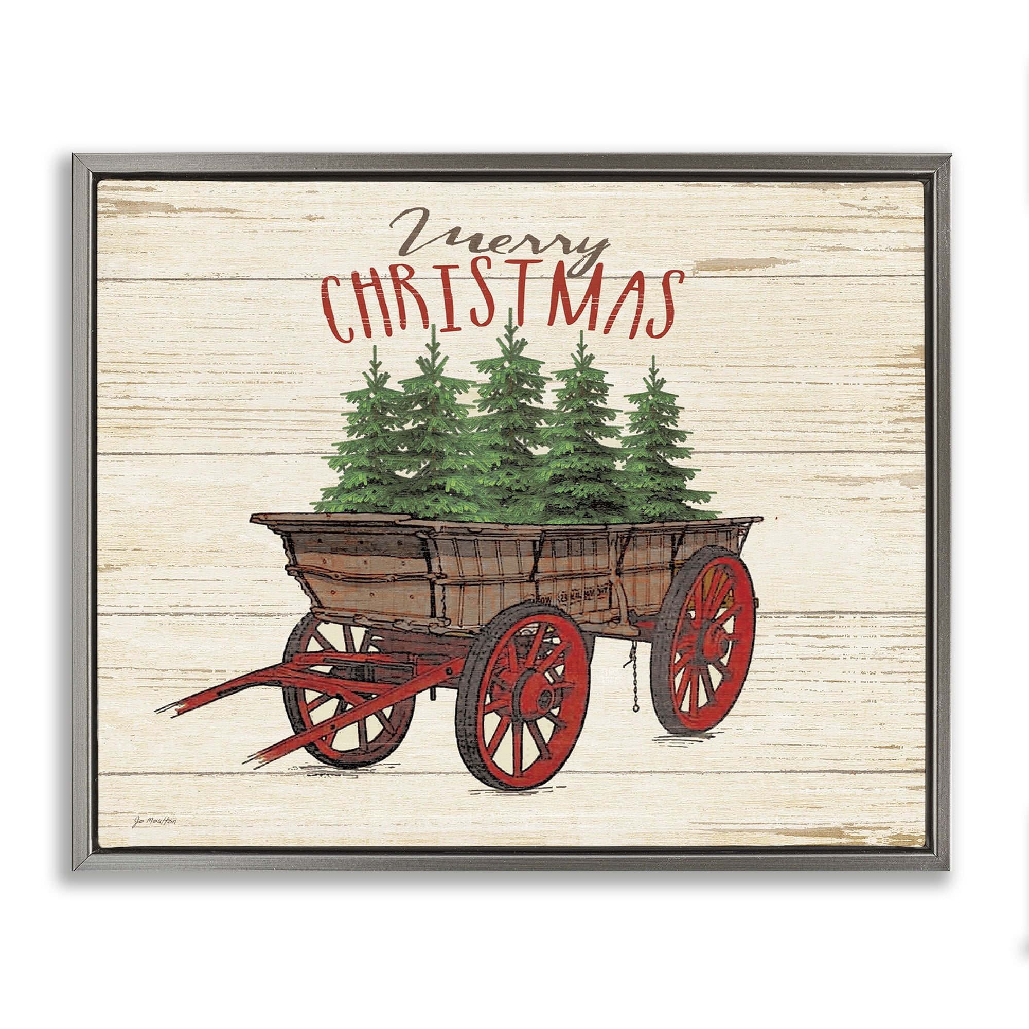 Stupell Industries Merry Christmas Tree Wagon Luster Gray Framed Floating Canvas Wall Art, 24x30, by Jo Moulton