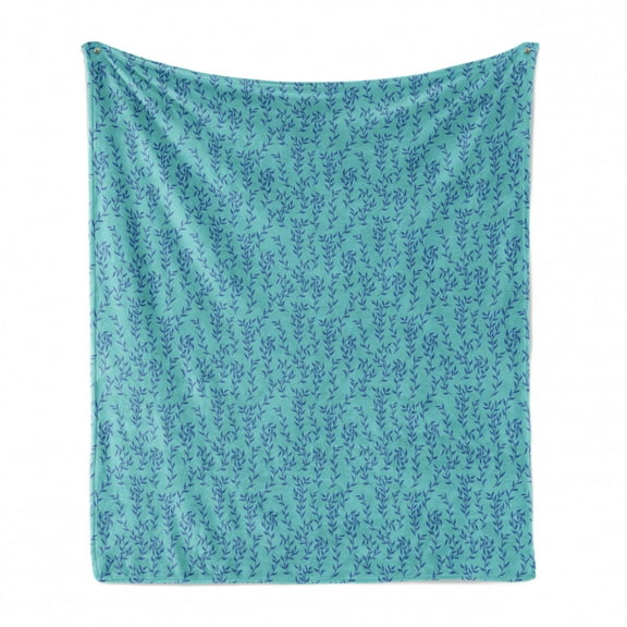 Botanical Soft Flannel Fleece Blanket, Natural Illustration Reef Spreads in Aquatic Style Leaves Motif, Cozy Plush for Indoor and Outdoor Use, 70" x 90", Seafoam Aqua and Violet Blue, by Ambesonne