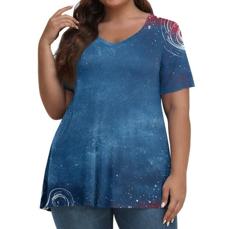 Tops  Women S Casual V Neck Pullover Short Sleeve Plus Size 4Th Of July Printed Tshirt Puff Tops For Women Built In Bra Tops Womens Short Top Black Crop Boho Tops Denim Shirt (XXL  Royal Blue) ZMTing