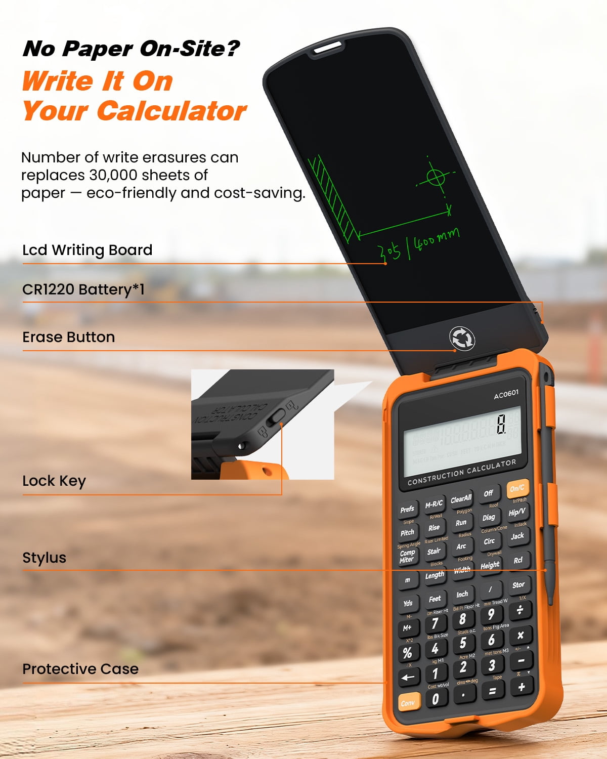 Construction Calculator with Writing Tablet Industrial & Scientific NEWYES Engineering Calculator for Contractor, Concrete Pocket Feet-inch-Fraction Calculators for Carpenter, Framer, Remodeler