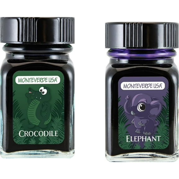 Monteverde 60ml Ink, Crocodile (Green), Elephant (Purple) Jungle Ink (G309CR, G309EL) Fountain Pen Ink (30ml Each Ink Bottle, 2 Pack)