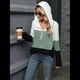 thumbnail image 5 of Suéter con Capucha y Media Cremallera para Mujer, Talla Grande, Color Block, Punto Acanalado, Cuello en V, Larga Verde L, 5 of 10