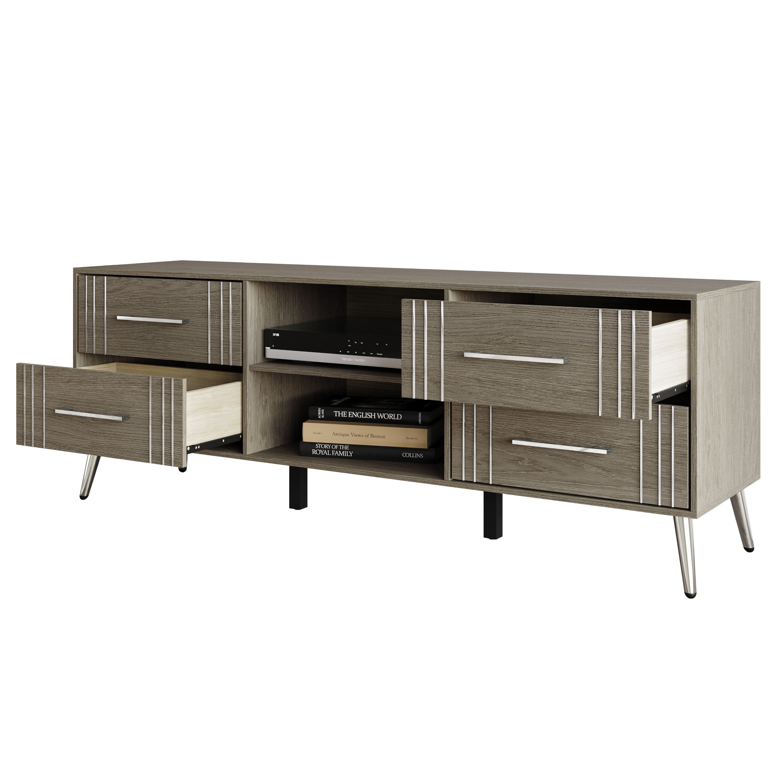 Home Design Ashwin TV Stand with Storage Shelves and Drawers, Gray, Easy Assembly