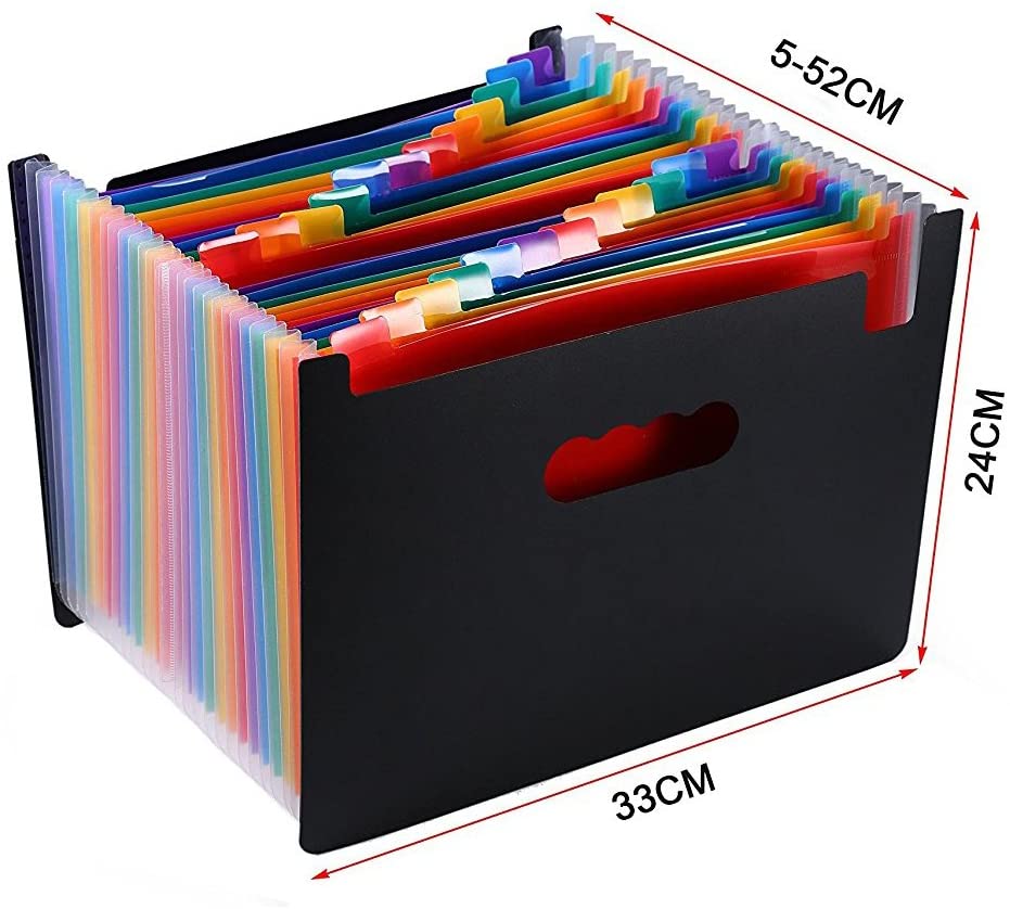 Classeur Trieur A4 24 Compartiments Extensible - Organiseur De Documents Bureau, Maison, école - Avec étiquettes Et Trombones - Couleur Noir
