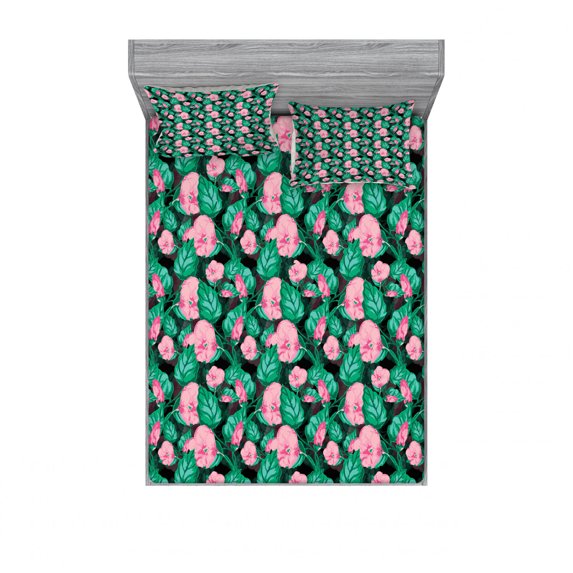 Tropical Bedding Set with Sheet & Covers, Exotic Arrangement of Foliage and Flower Composition Hawaiian Design, Printed Bedroom Decor 2 Shams, 4 Sizes, Pale Pink and Sea Green, by Ambesonne
