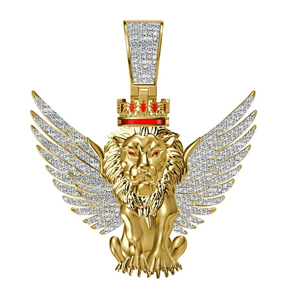 Real Genuine Diamond 0.60 Cwt. Winged Flying Lion Head Crown Face Pendant Charm