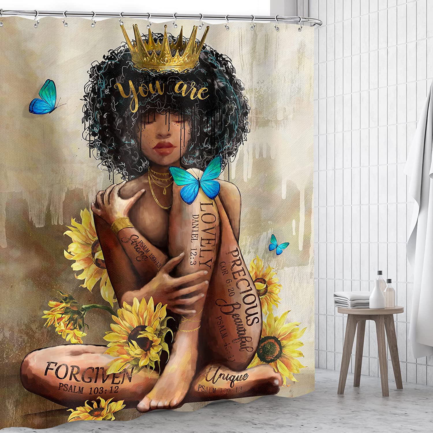 Sonernt African American Women Shower Curtain Luxury Gold Crown Queen  Inspirational Quotes 72x72 Inch with 12 Plastic Hooks Decor 