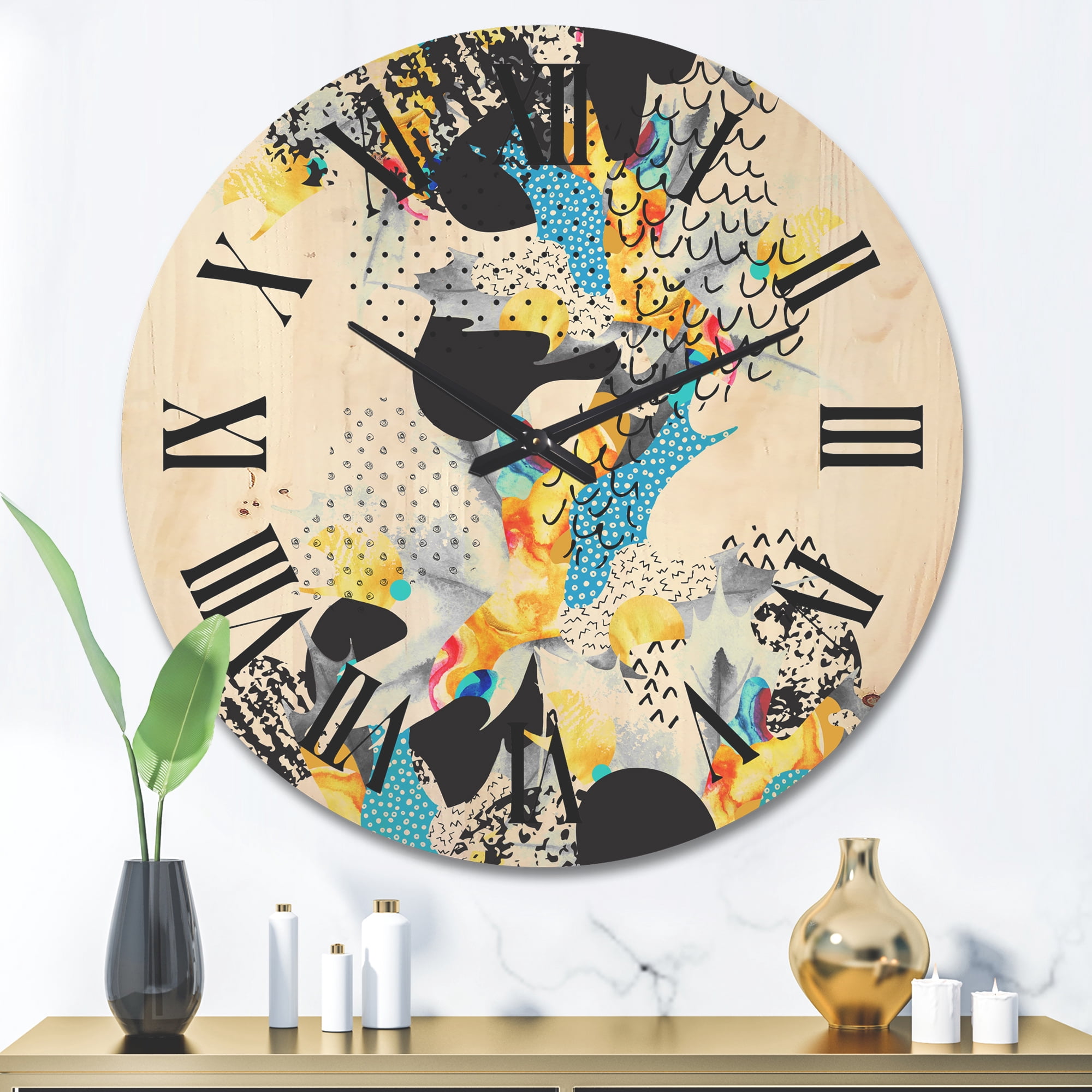 Designart 'Fluid Shapes In Bauhaus Memphis Style Minimal' Modern Wood Wall Clock
