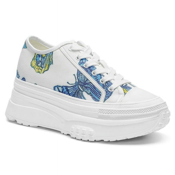 CMR CHAMARIPA Elevator Shoes For Women - White Casual Height Increasing Canvas Shoes Butterfly Pattern 3.15 Inches / 8 CM