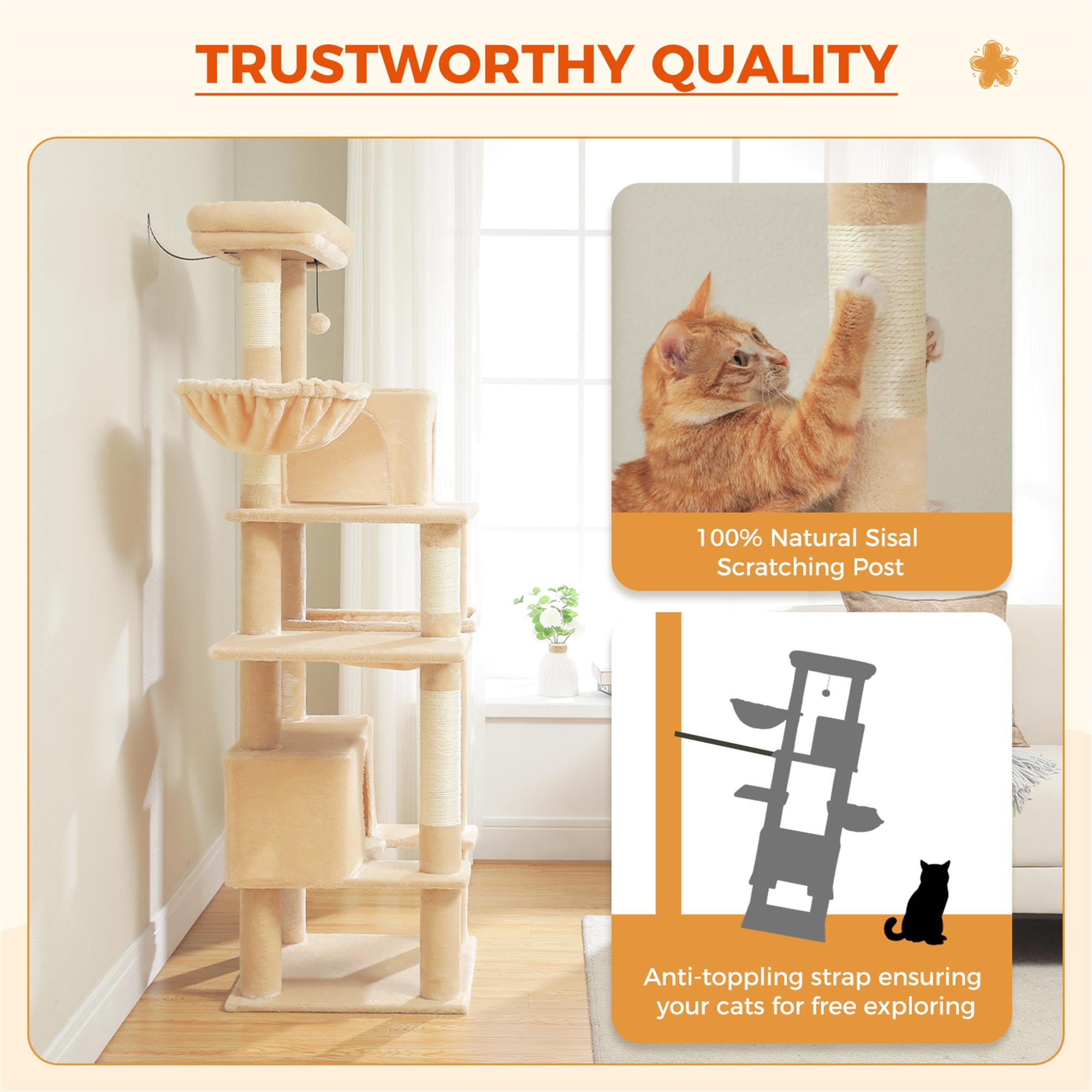Kadyn 66" Cat Tree Tower for Big Cats, Cat Tree House Furniture with Hammock, Indoor Cat Condo for Adult Cats, Beige
