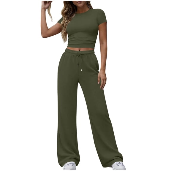 SnZhen Two Piece Sets for Women Fashion Casual Solid Color Short Sleeve Sports Tops Elastic Waist Wide Leg Pants Lounge Sets for Women Army Green L