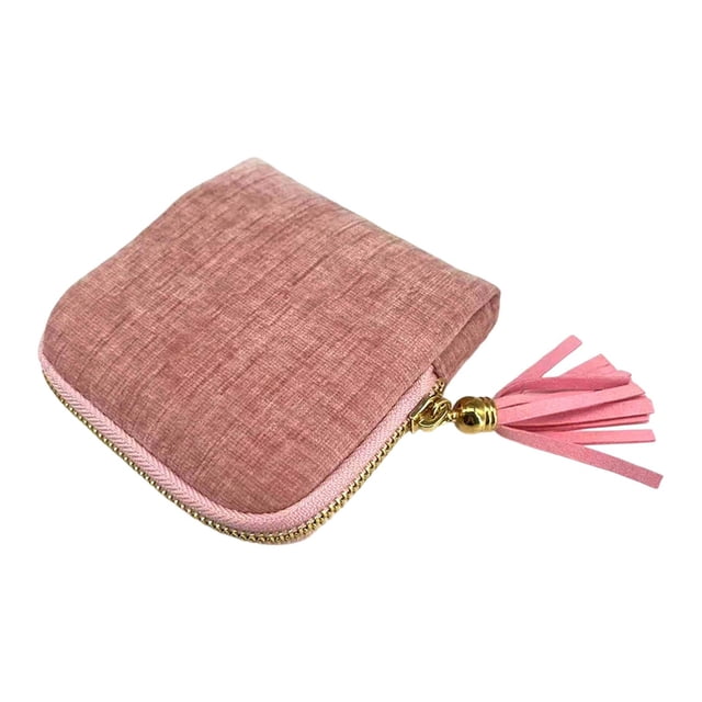 Estuche organizador de joyas de viaje pequeño, bolsa de almacenamiento portátil con borlas y cremallera para collares. Rosa claro