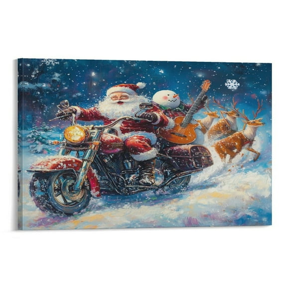 Santa Claus And Reindeer Riding Motorcycle Canvas Wall Decor for Bedroom Winter Holiday Decor  Canvas Prints Wall Art Modern Pictures Artwork Canvas Print 08x12inch Framed Artwork