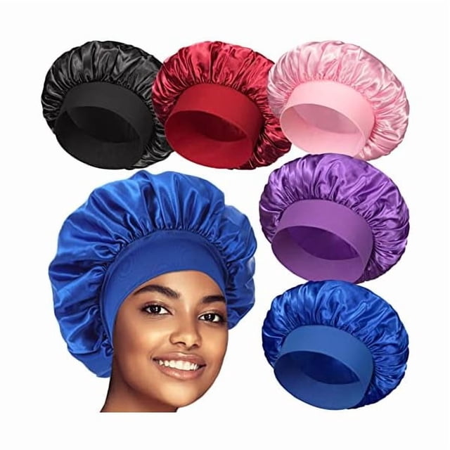 wonima11 5 Pack Satin Bonnet Silk Bonnet for Sleeping Women, Hair Sleep Bonnets for Women, Wide Soft Band Large Sleep Cap for Curly Hair Braids