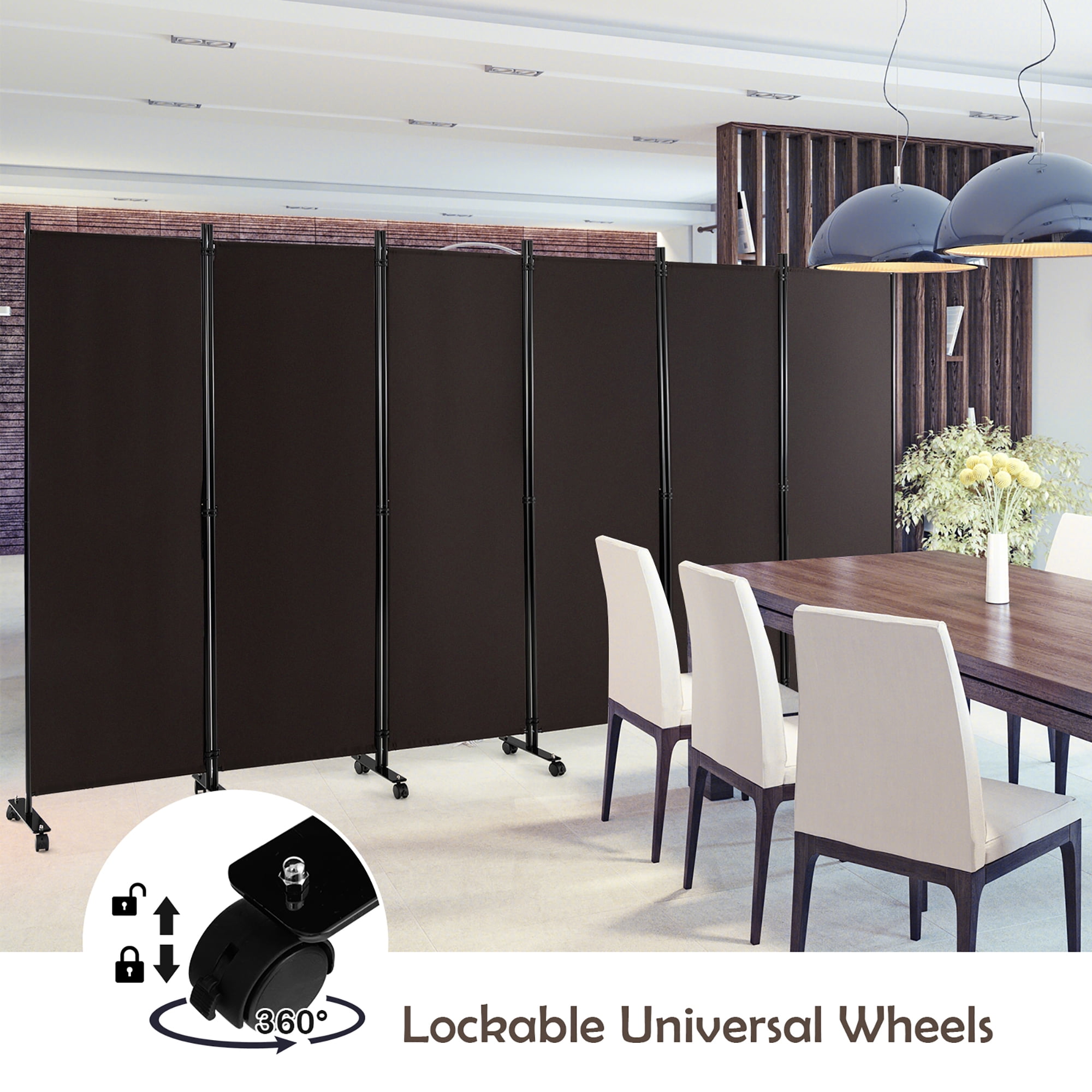 Costway 6-Panel Folding Room Divider 6FT Rolling Privacy Screen with Lockable Wheels Brown