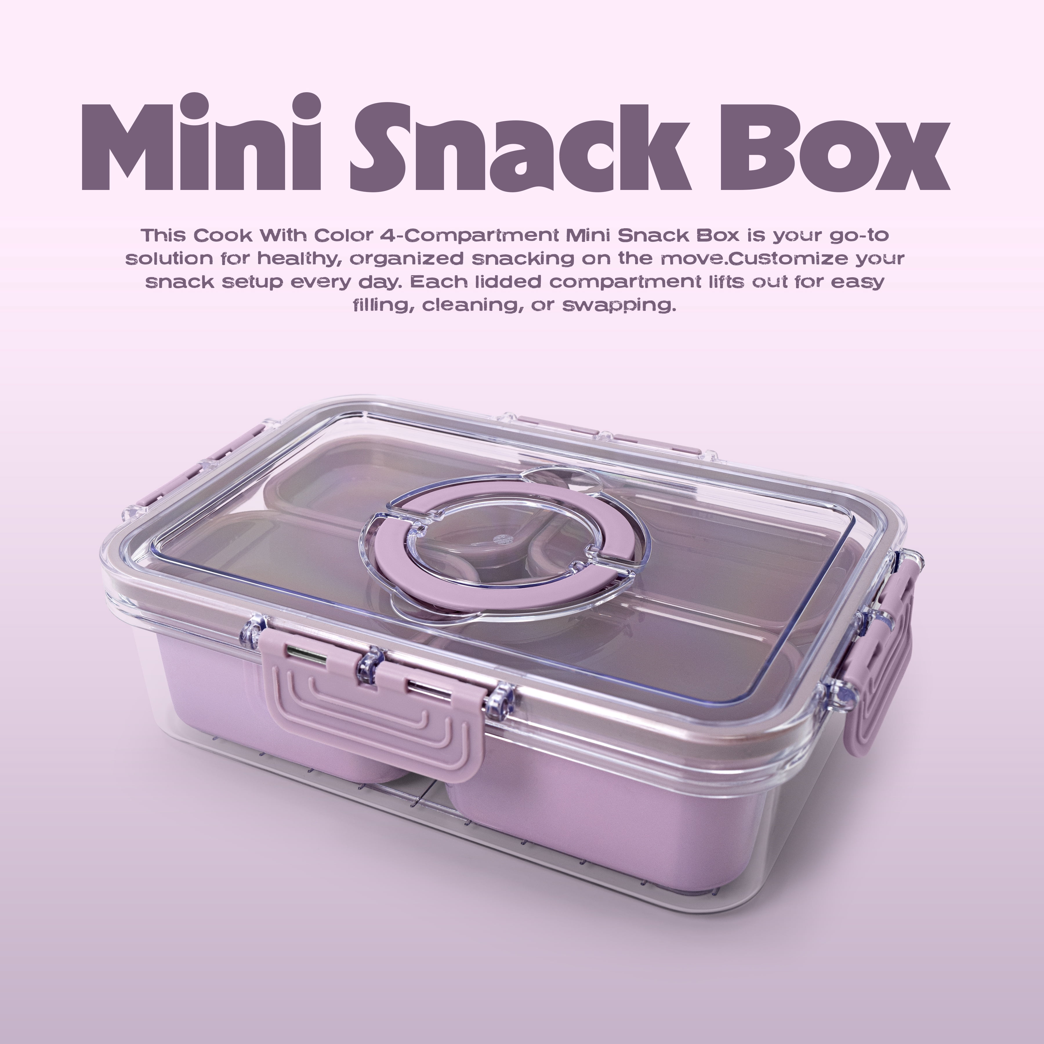Cook with Color 4-Compartment Mini Snack Box Food Storage Carrier and Container, Charcuterie Container, Purple, Portable and Dishwasher Safe, Designed to Help with Packed Lunches and Daily Commutes