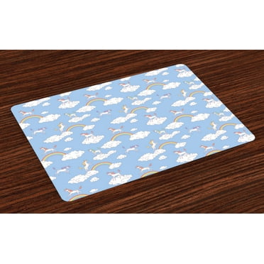 Ambesonne Cartoon Place Mats Set of 4, Mythical Creatures Jump, Standard Size, Sky Blue Multicolor