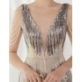 thumbnail image 3 of Women's V Neck Sequin Formal Evening Dress Tassel Bead Sleeve Mermaid Long Gown 1920S Party Maxi Military Dress, 3 of 6