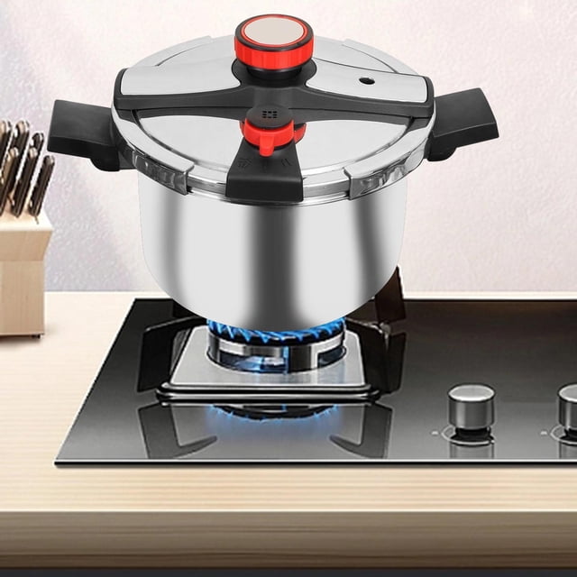 olla a presión enlatador a presión, espesar, portátil, multifunción, de acero inoxidable, tipo glándula, olla a presión profunda para cocina casera al 4l soledad olla a presión 4L vista frontal centrada de olla a presión SOLEDAD de acero inoxidable 4L con tapa sellada y perilla roja, asas negras y seguro de bloqueo visibles; cuerpo pulido y fondo apto para estufa de gas con llama azul. Apta para inducción, gas y cocina eléctrica; también suele usarse para enlatado portátil.