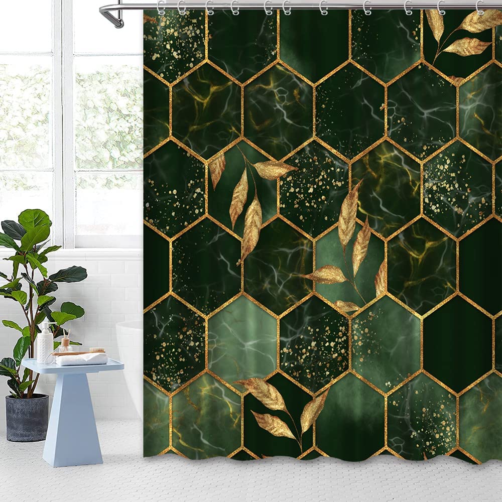 Dark Green Shower Curtain Emerald Marble Bath Curtain Gold Decor Leaves Geometric Fabric Bathroom Shower Curtains