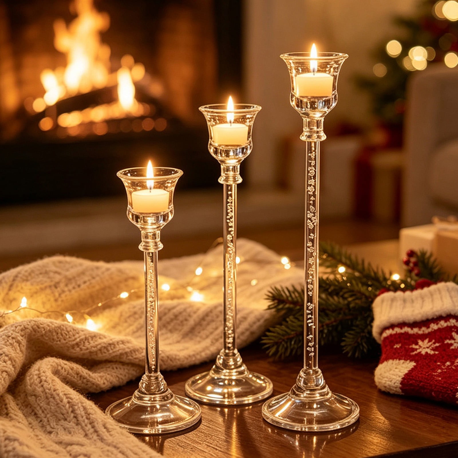 Crystal Candle Holders Set of 3 Elegant Clear Resin Candlestick Set with Internal Effect Decorative Candle Stands in Different Heights for Table Mantel Shelf and Home Decor