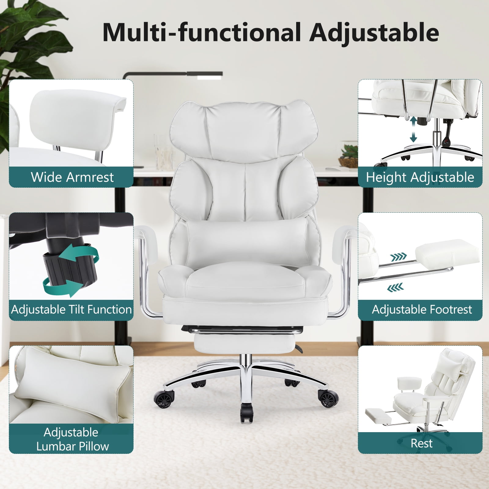 CONCETTA Executive Ergonomic Home Office Chair with Footrest & Lumbar Support, Big Tall High Back, PU Leather, Adjustable & Swivel, White