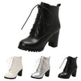 thumbnail image 6 of Womens High Heels Combat Boots 2025 Fashion White Leather Pointed Toe Chunky Block Heeled Mid Calf Short Dress Ankle Booties White Size 10.5, 6 of 8