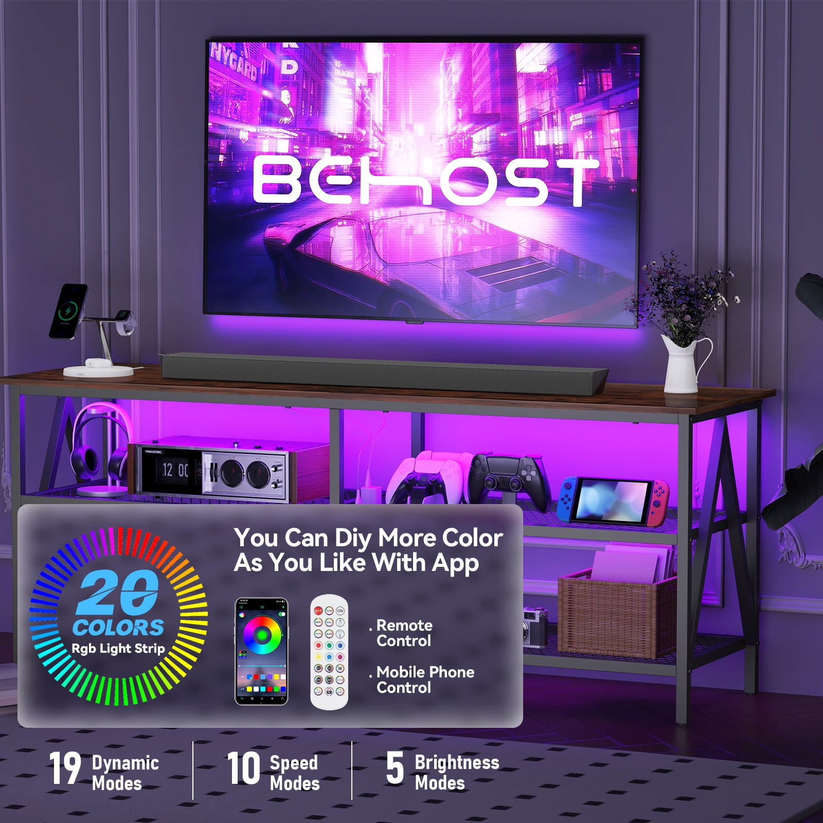 Behost TV Stand for 65 inch TV, TV Cabinet with 20 Colors LED Lights for Living Room, Brown