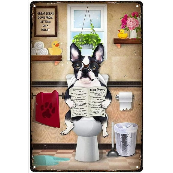 Vintage Metal Plaque Boston Terriers Dog Toilet Retro Metal Tin Sign Aluminum Metal Sign Home Parlor Bar Cafe Wall Decor Iron Painting 12x8 Inch