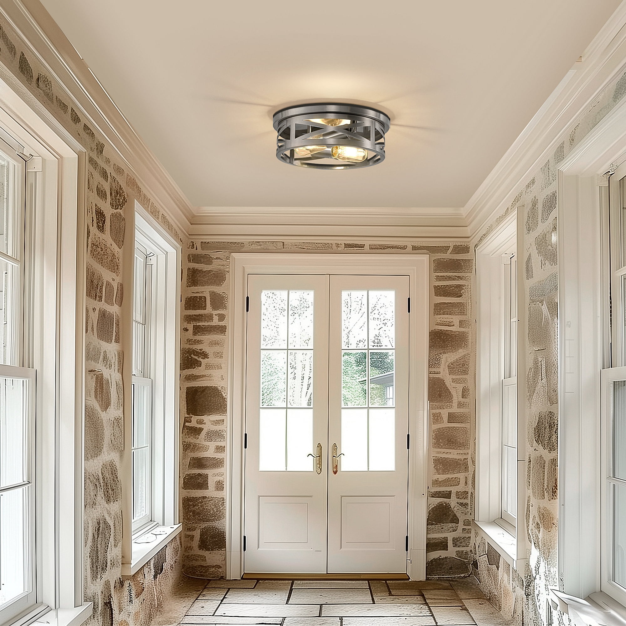 Briignite Modern Flush Mount Ceiling Light Fixtures – 2-Pack Brushed Nickel with Rustic Metal Cage, Ideal for Entryways and Kitchens