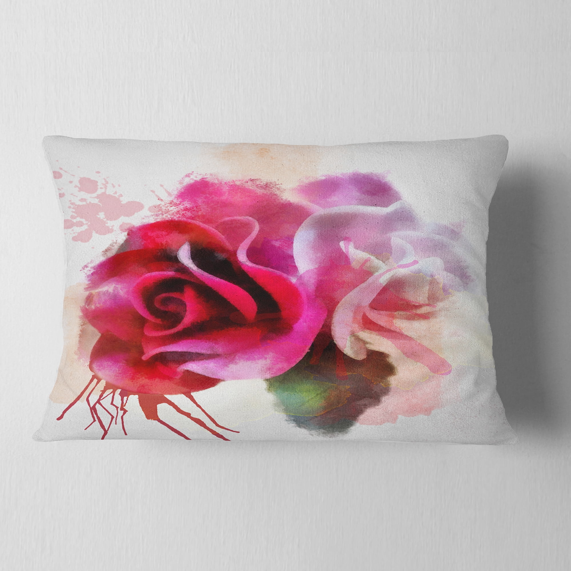 Designart White Red Roses with Color Splashes - Floral Throw Pillow - 12x20