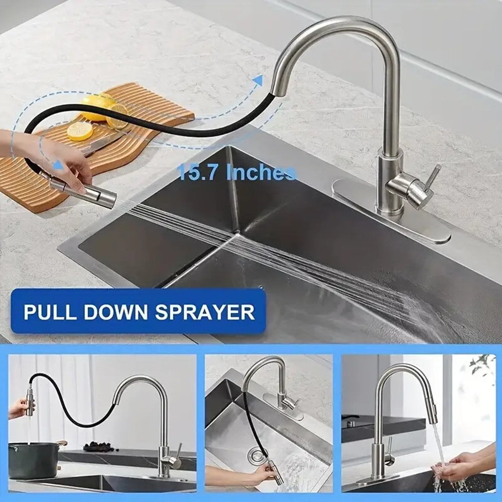 Brushed Nickel Kitchen Sink Faucet Pull Down Sprayer Single Handle Swivel Mixer