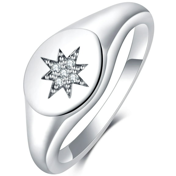 Planet Pure Women's Simulated Diamonds Signet Ring in Recycled Sterling Silver in Size 8