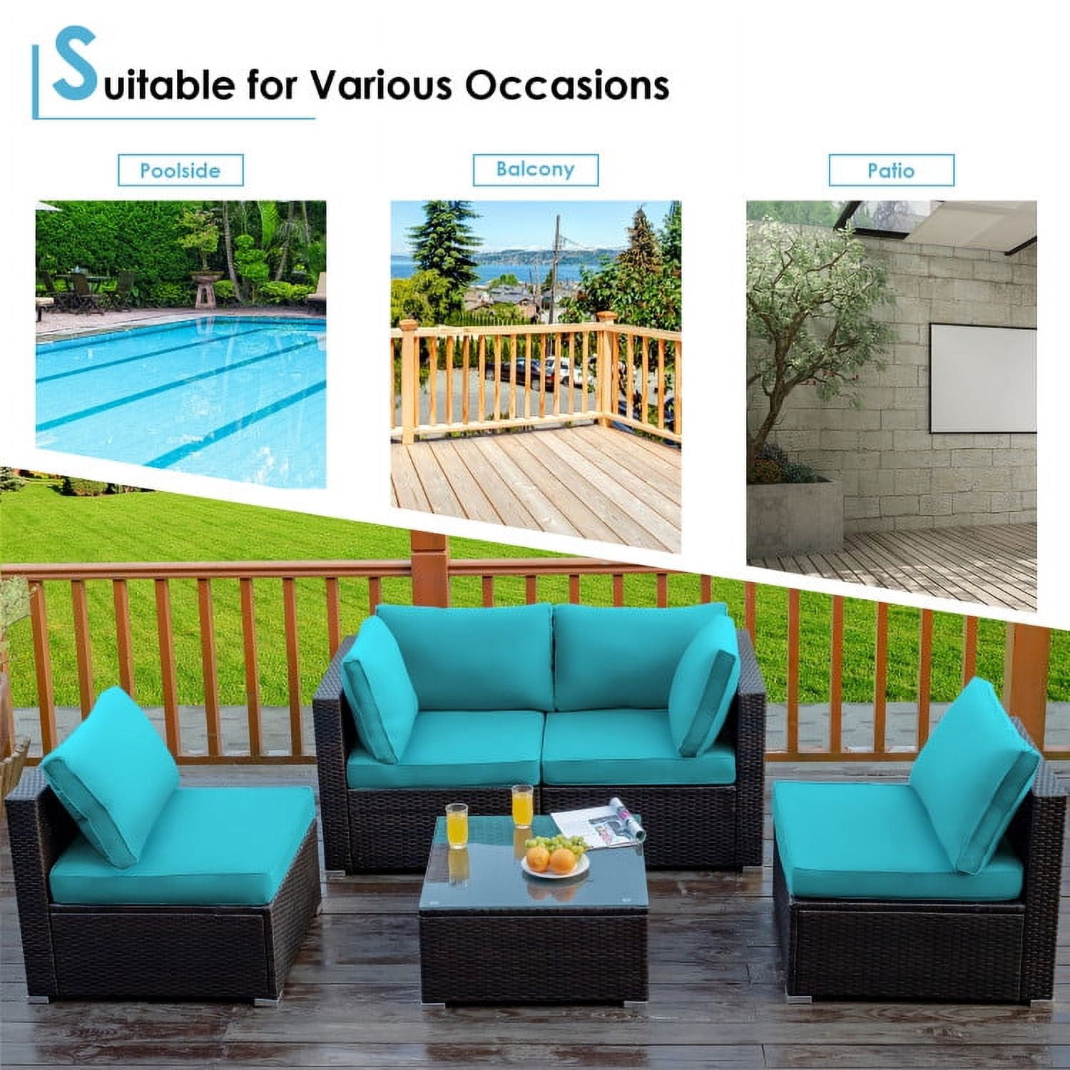 Aimee Lii 5 Pieces Cushioned Patio Rattan Furniture Set with Glass Table, Outdoor Patio Set, Turquoise Aimee Lii 5 Pieces Cushioned Patio Rattan Furniture Set with Glass Table, Outdoor Patio Set, Turquoise