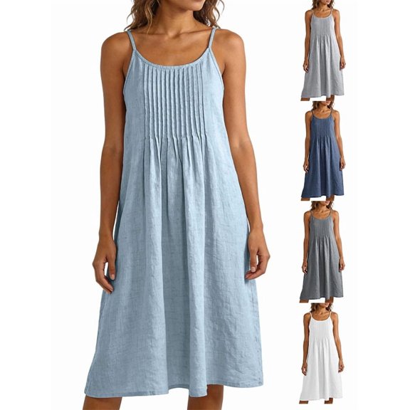 Afuyipoi Womens Adjustable Spaghetti Strap Pleated Midi Dress, Loose Flowy Sleeveless Casual Summer Dress, Soft Breathable Cotton Beach Vacation Dress For Women Light Blue Size L