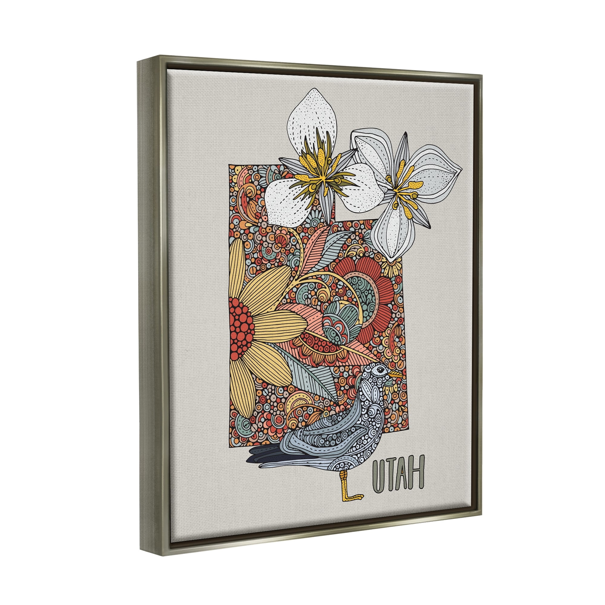 Stupell Industries Utah State Bird & Flower Intricate Floral Pattern Graphic Art Luster Gray Floating Framed Canvas Print Wall Art, Design by Valentina Harper